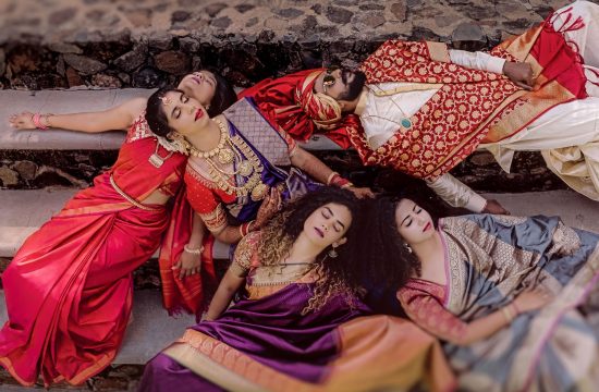 A fun shot with bride, bridegroom & bridesmaid on her wedding in Angana The Courtyard